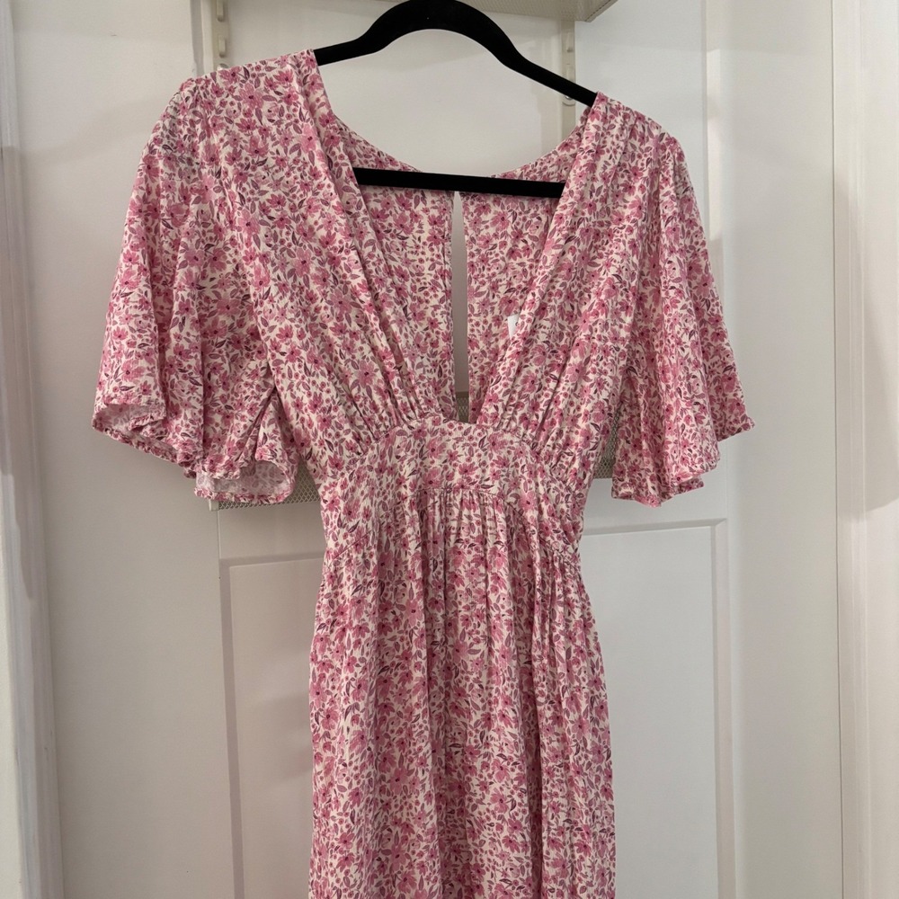 STILLWATER Britton Midi Dress Pink Floral Flutter Sleeve V Neck Cottagecore M - Picture 2 of 6